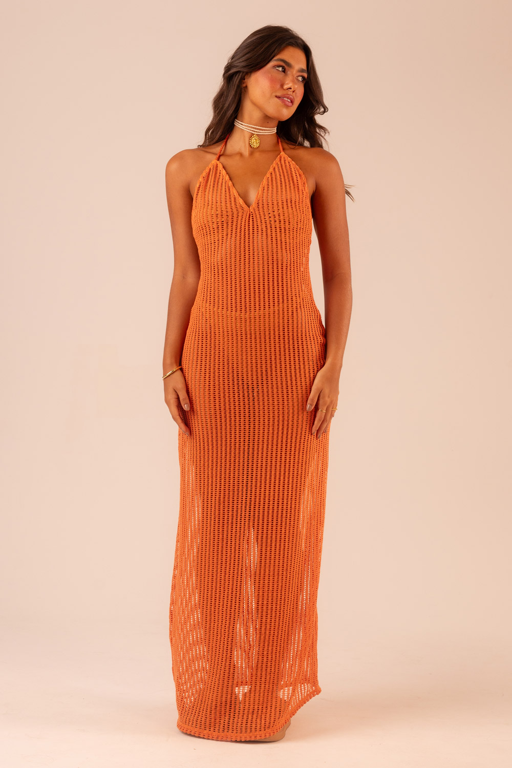 VESTIDO TEJIDO NARANJO LARGO ESCOTE V HERA